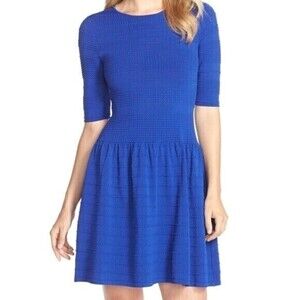 Eliza J Dress Womens XL Royal Blue 3/4 Sleeve Textured Fit-N-Flare Mini Rib Trim
